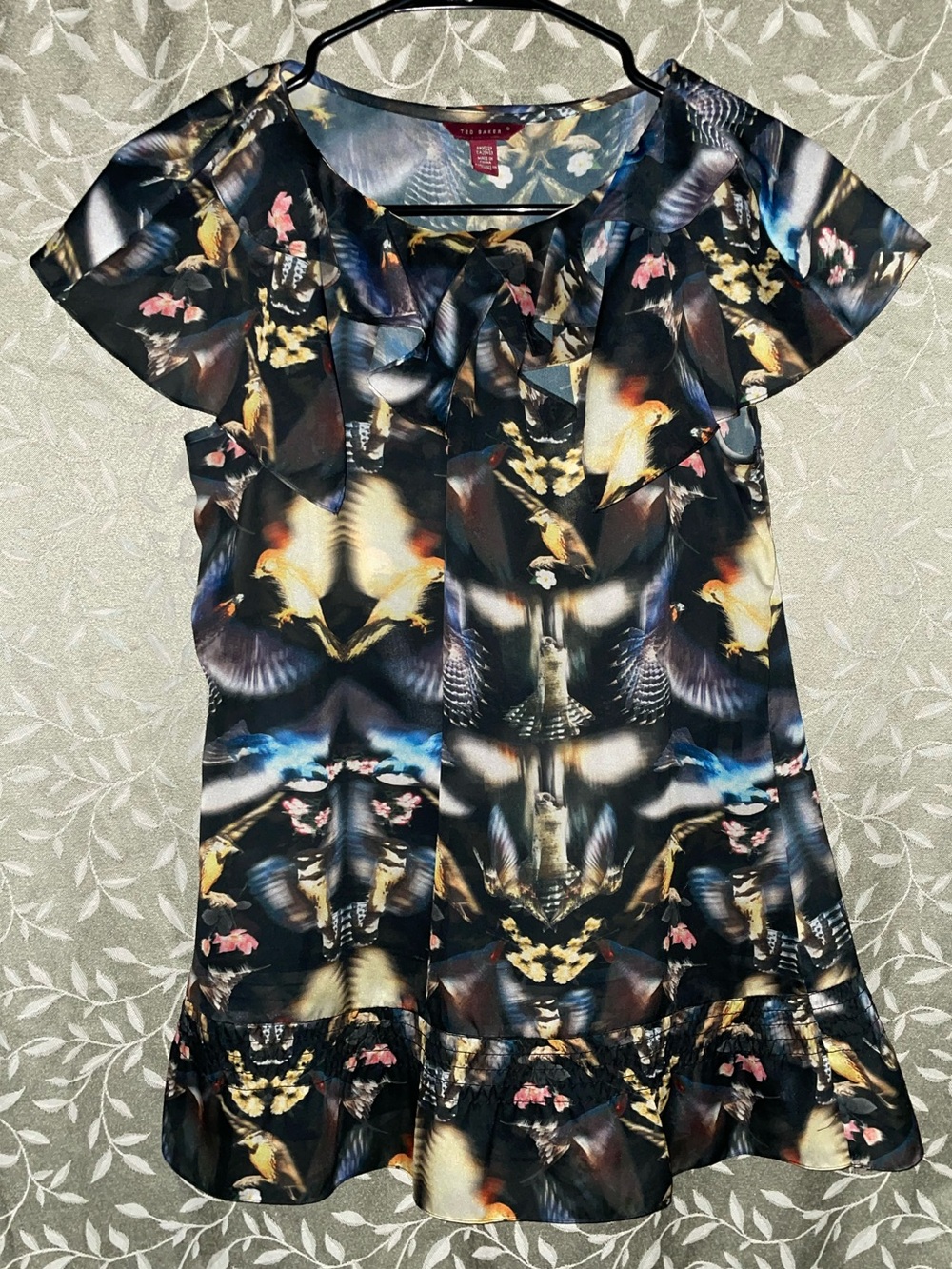 Ted Baker Black Multicolor Bird Mirror Print Ruffle Hem Tunic